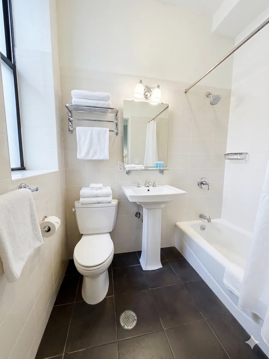 The King Studio en-suite bathroom with a pedestal basin and bathtub